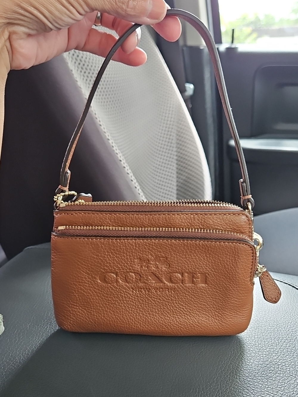 Coach Tan Pebbled Leather Double-Zip Wristlet with Gold Trim - Picture 1 of 12